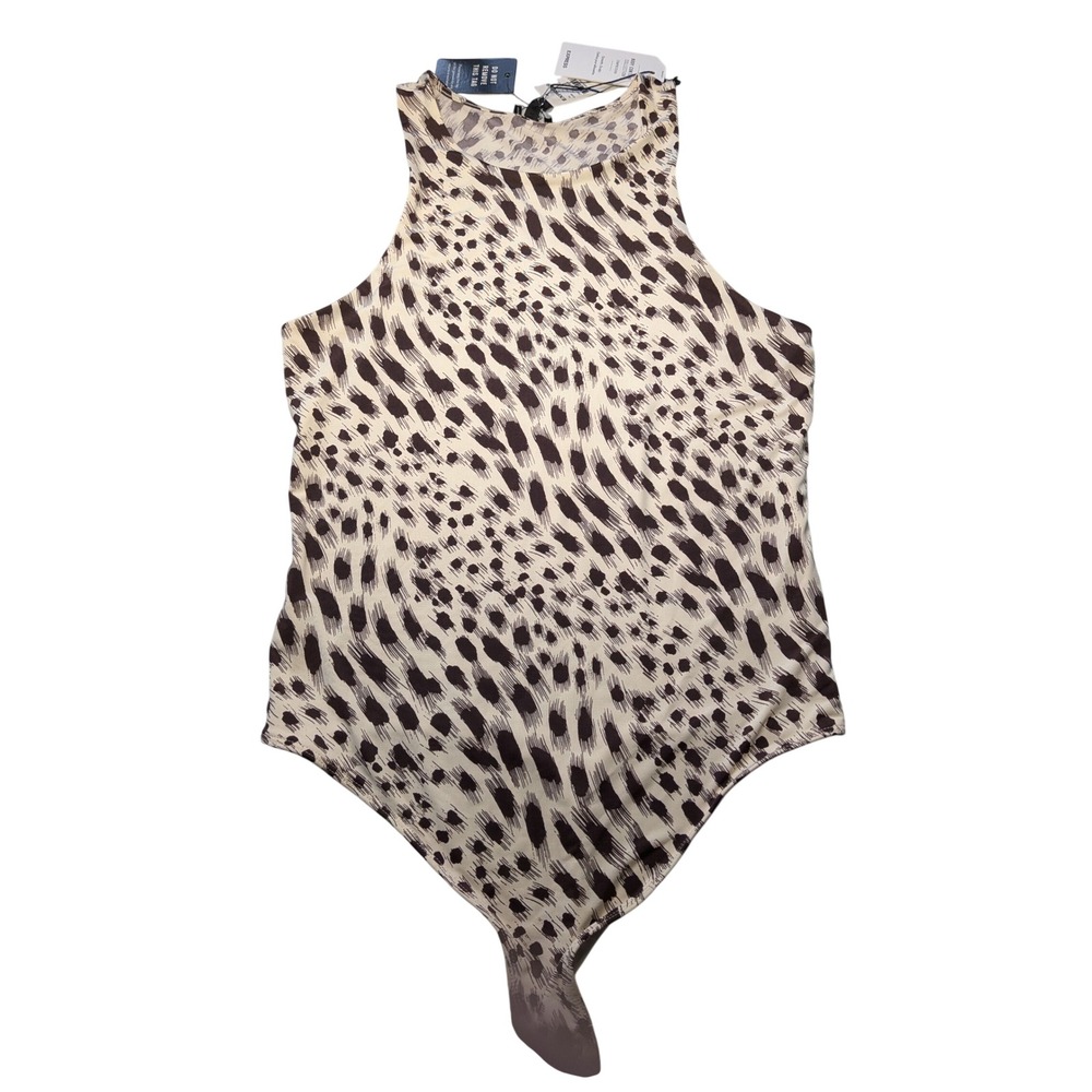 Express Body Contour Animal Print High Neck Sleeveless Bodysuit Cream Brown M